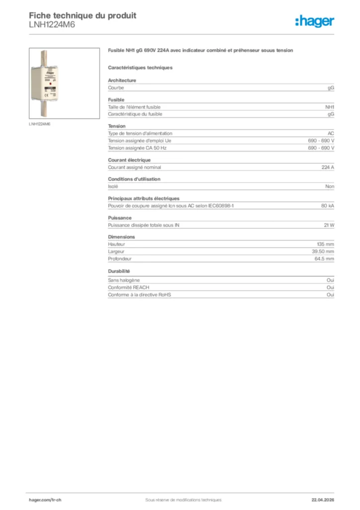 Image Hager Fiche technique du produit LNH1224M6 | Hager Suisse