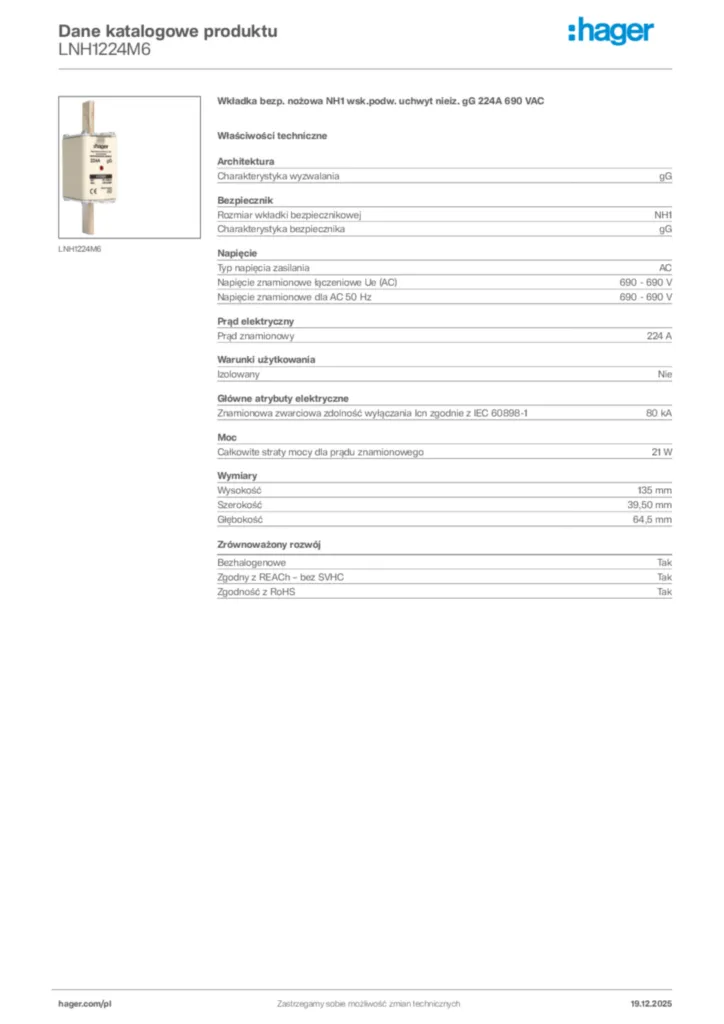 Zdjęcie Hager Karta katalogowa LNH1224M6 | Hager Polska