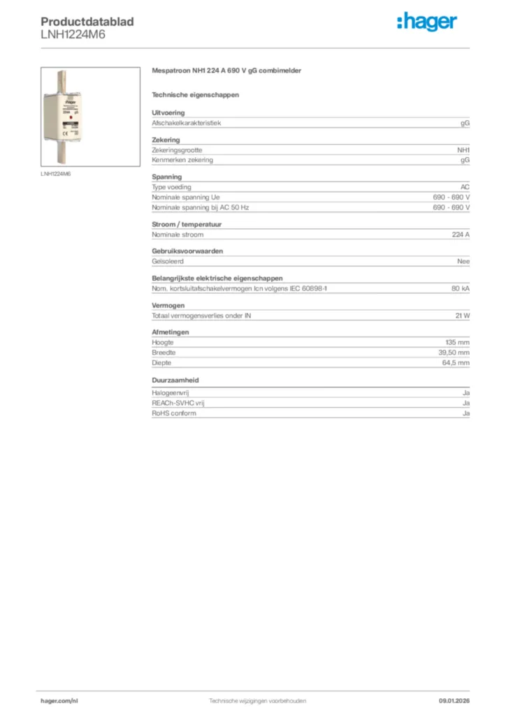 Afbeelding Hager Productdatablad LNH1224M6 | Hager Nederland