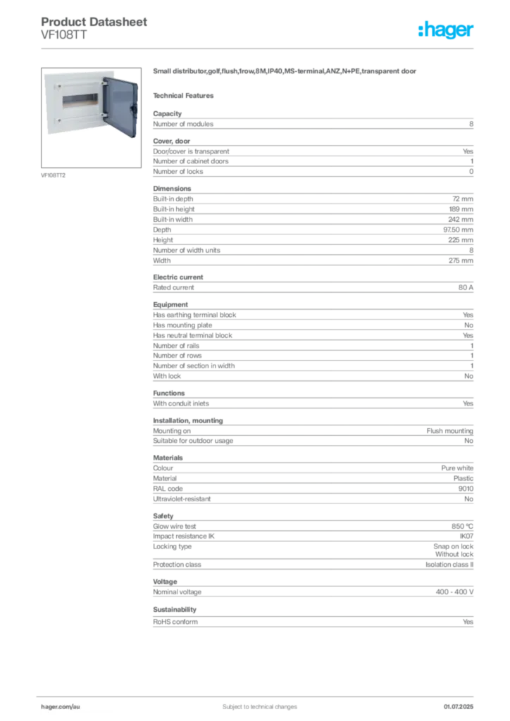 Image Hager Product data sheet VF108TT  | Hager Australia