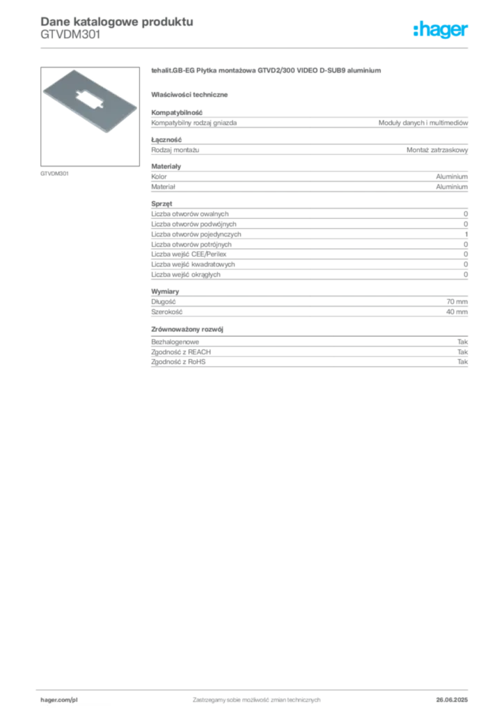 Zdjęcie Hager Karta katalogowa GTVDM301 | Hager Polska