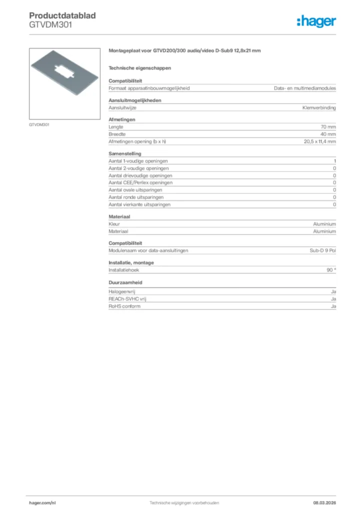 Afbeelding Hager Productdatablad GTVDM301 | Hager Nederland