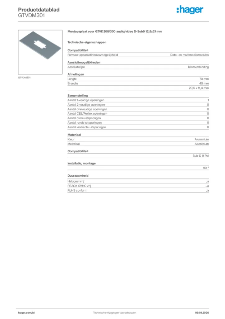 Afbeelding Hager Productdatablad GTVDM301 | Hager Nederland