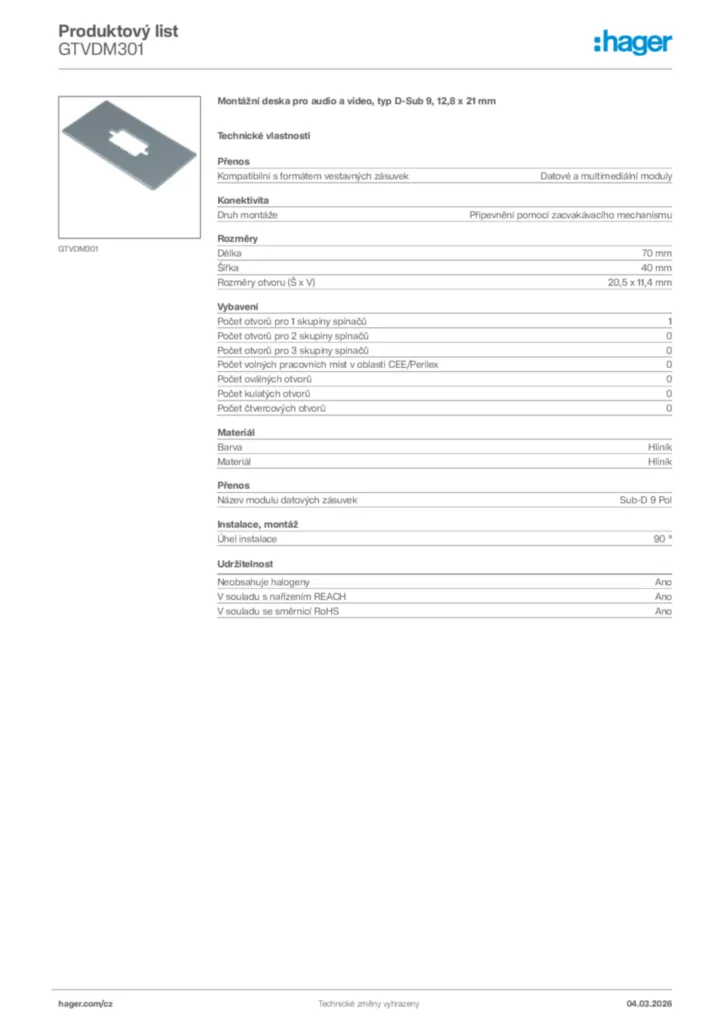 Obrázek Hager Product data sheet GTVDM301 | Hager