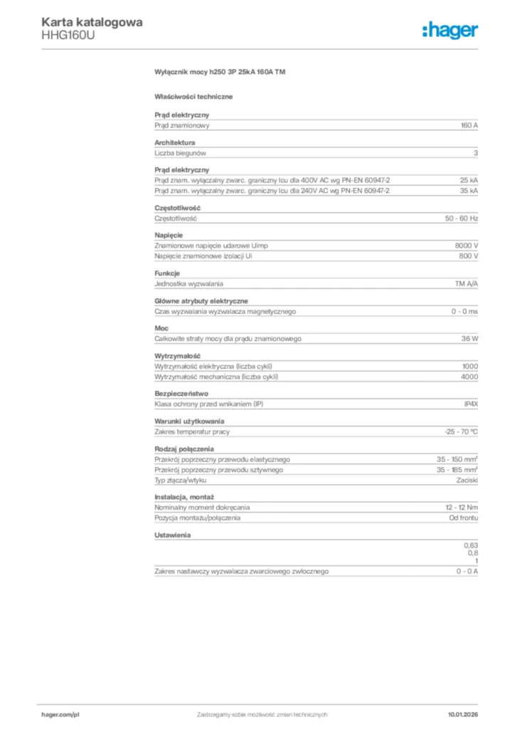 Zdjęcie Hager Karta katalogowa HHG160U | Hager Polska
