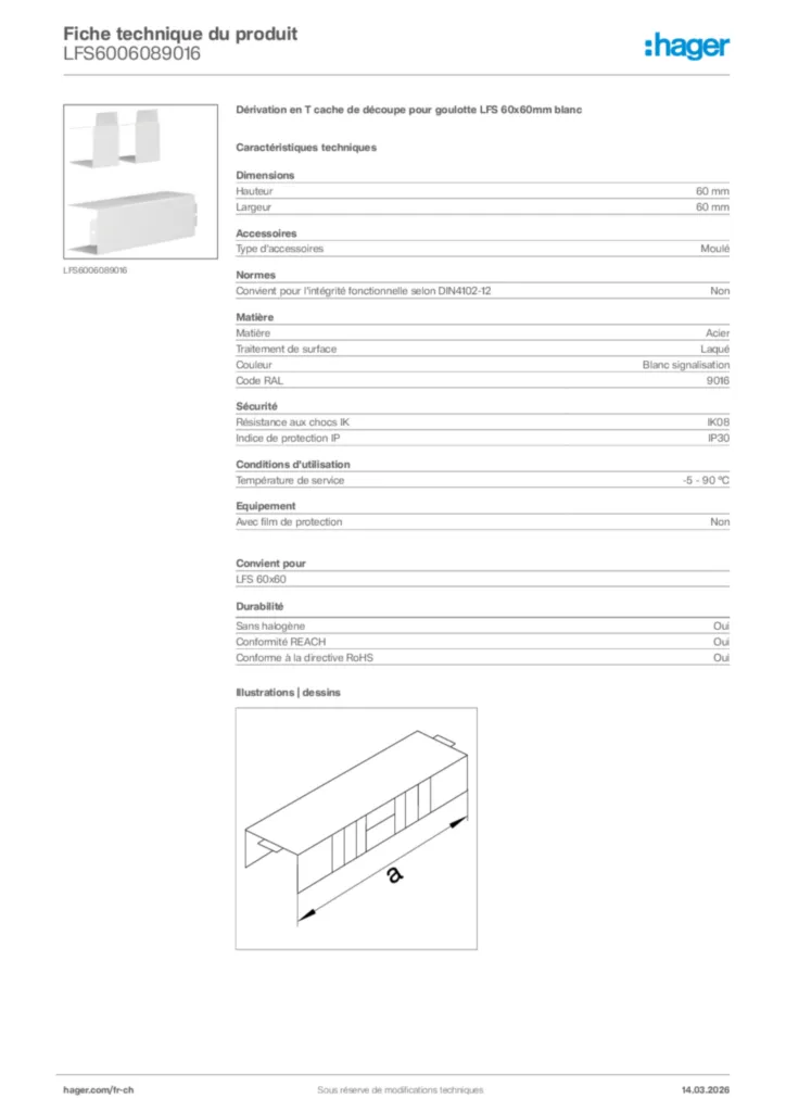 Image Hager Fiche technique du produit LFS6006089016 | Hager Suisse