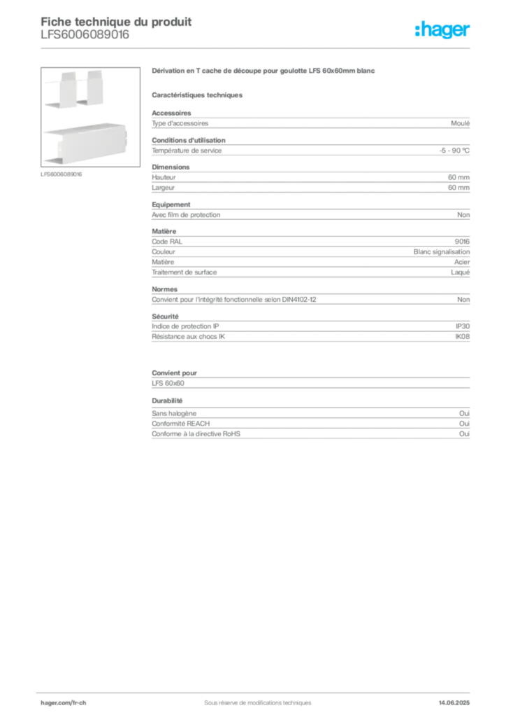 Image Hager Fiche technique du produit LFS6006089016 | Hager Suisse