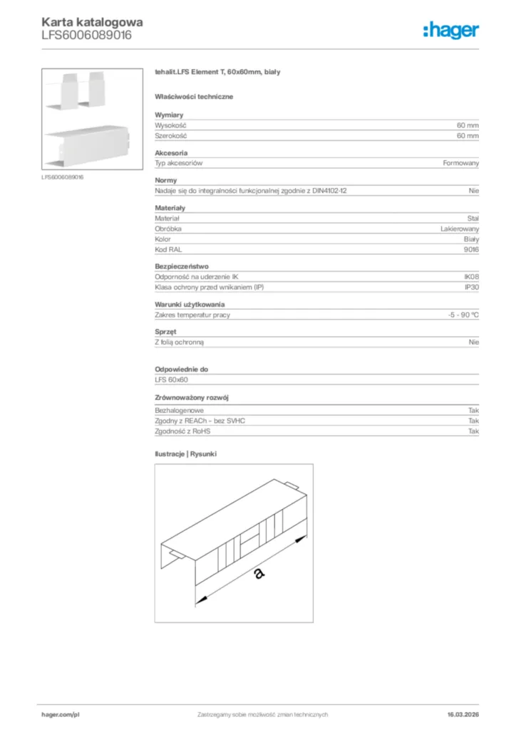 Zdjęcie Hager Karta katalogowa LFS6006089016 | Hager Polska