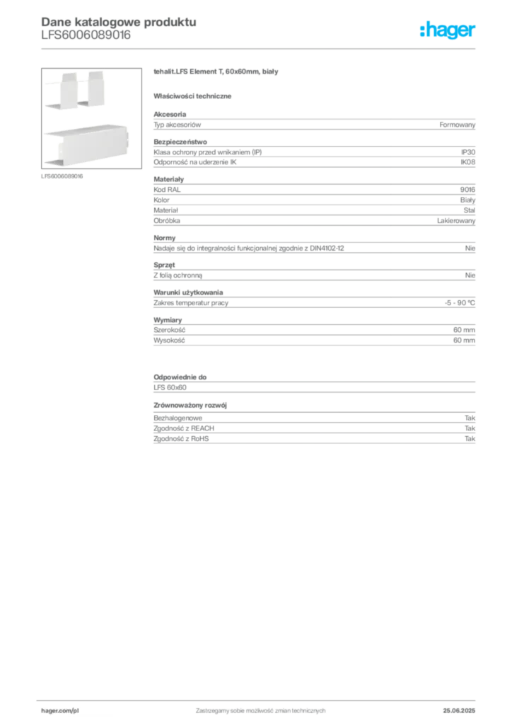 Zdjęcie Hager Karta katalogowa LFS6006089016 | Hager Polska