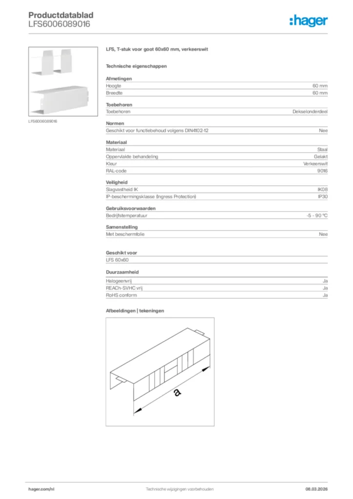 Afbeelding Hager Productdatablad LFS6006089016 | Hager Nederland
