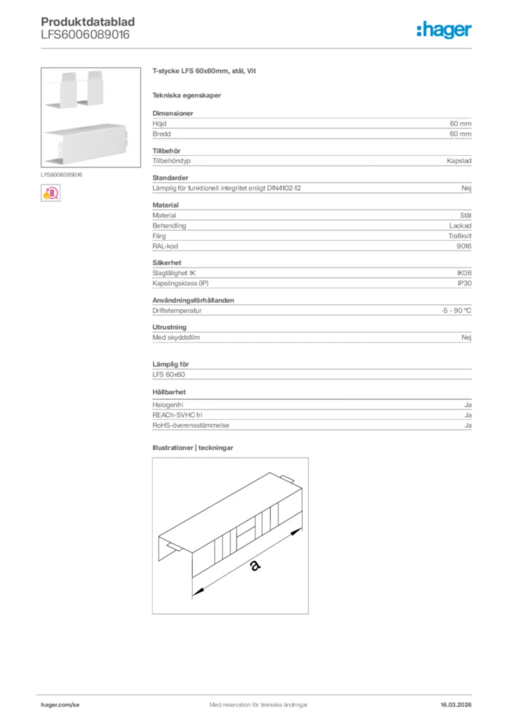 Bild Hager Produktdatablad LFS6006089016 | Hager Sverige