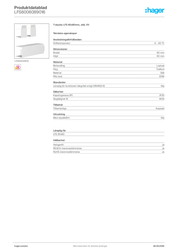 Bild Hager Produktdatablad LFS6006089016 | Hager Sverige