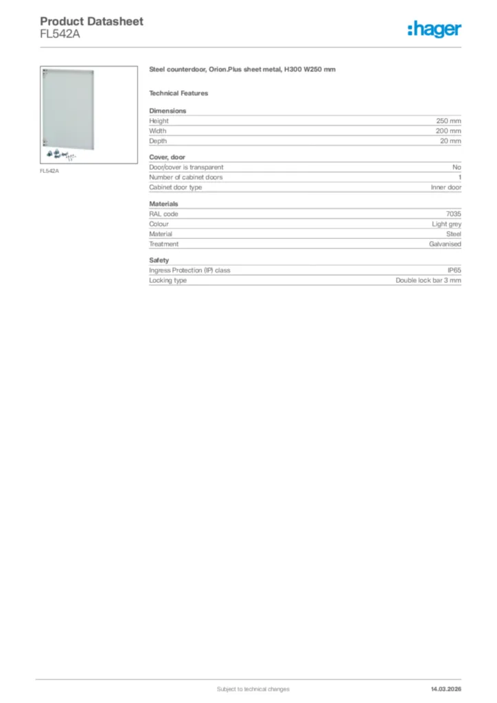Image Hager Product data sheet FL542A  | Hager Africa