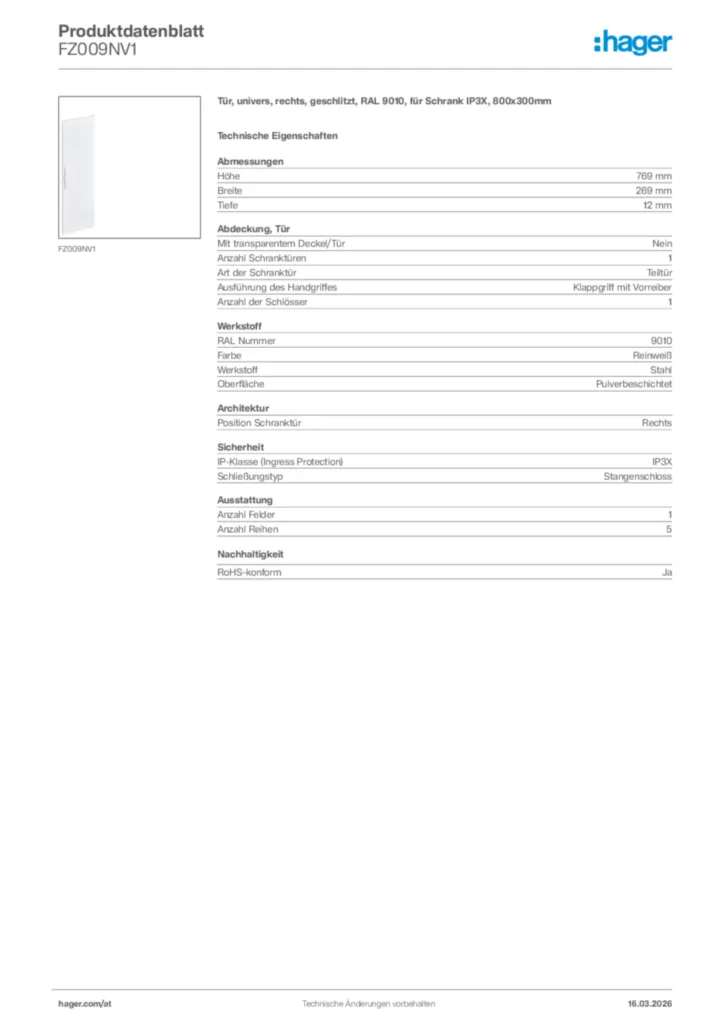 Bild Hager Produktdatenblatt FZ009NV1 | Hager Deutschland