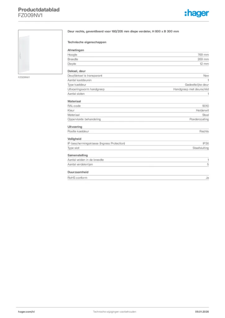 Afbeelding Hager Productdatablad FZ009NV1 | Hager Nederland
