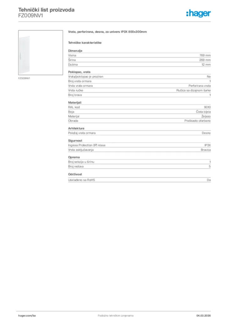 Slika Hager Tehnički list proizvoda FZ009NV1  | Hager