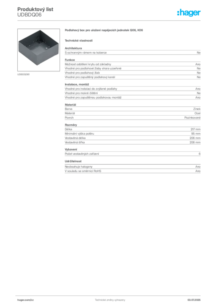 Obrázek Hager Produktový list UDBDQ06 | Hager
