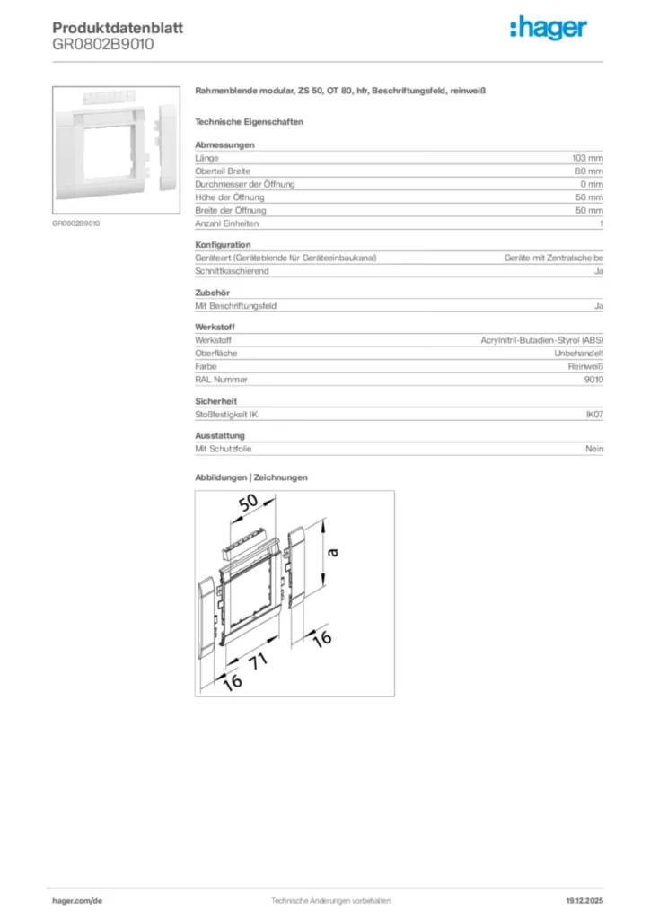 Bild Hager Produktdatenblatt GR0802B9010 | Hager Deutschland