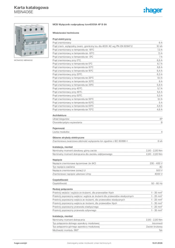 Zdjęcie Hager Karta katalogowa MBN406E | Hager Polska