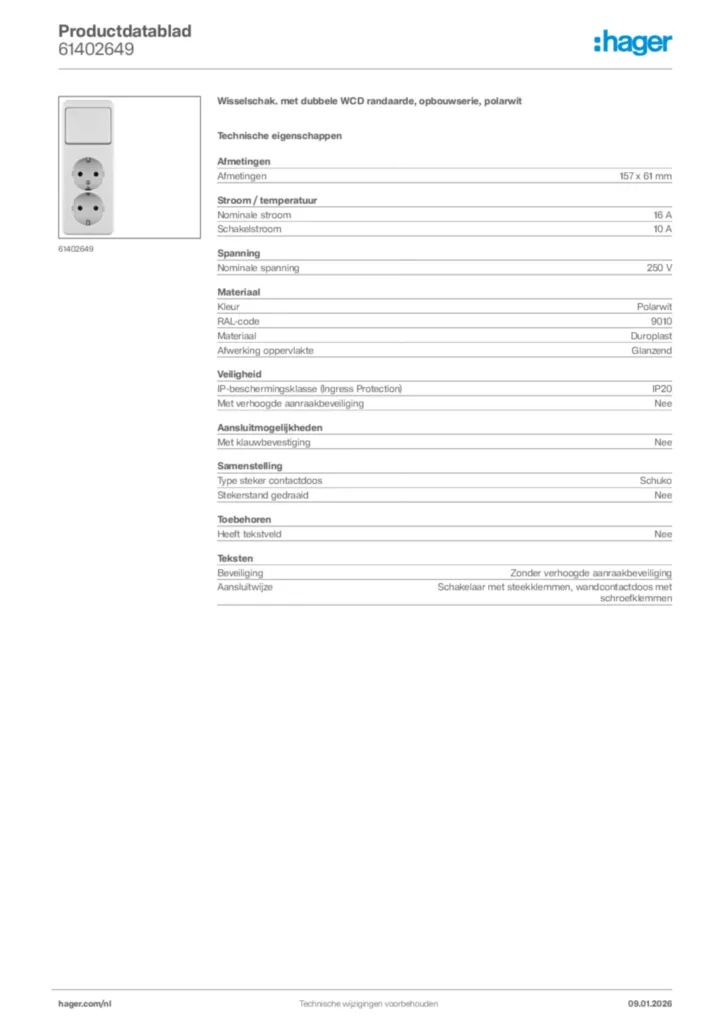 Afbeelding Hager Productdatablad 61402649 | Hager Nederland