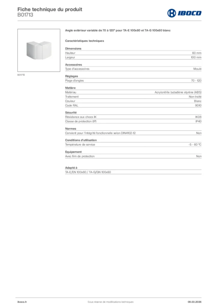 Image Iboco Fiche technique du produit B01713 | Hager France