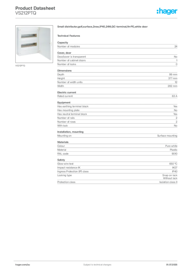 Image Hager Product data sheet VS212PTQ  | Hager Australia