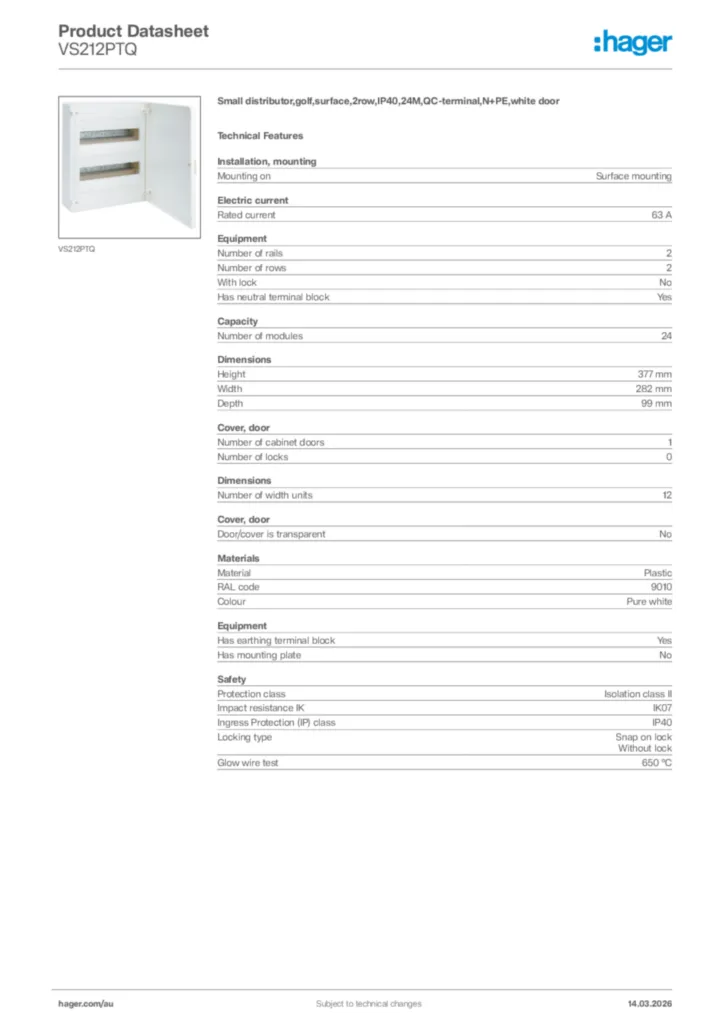 Image Hager Product data sheet VS212PTQ  | Hager Australia