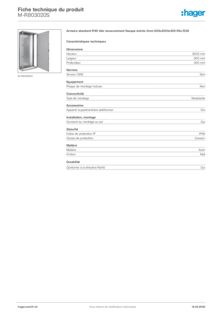 Image Hager Fiche technique du produit M-R803020S | Hager Suisse