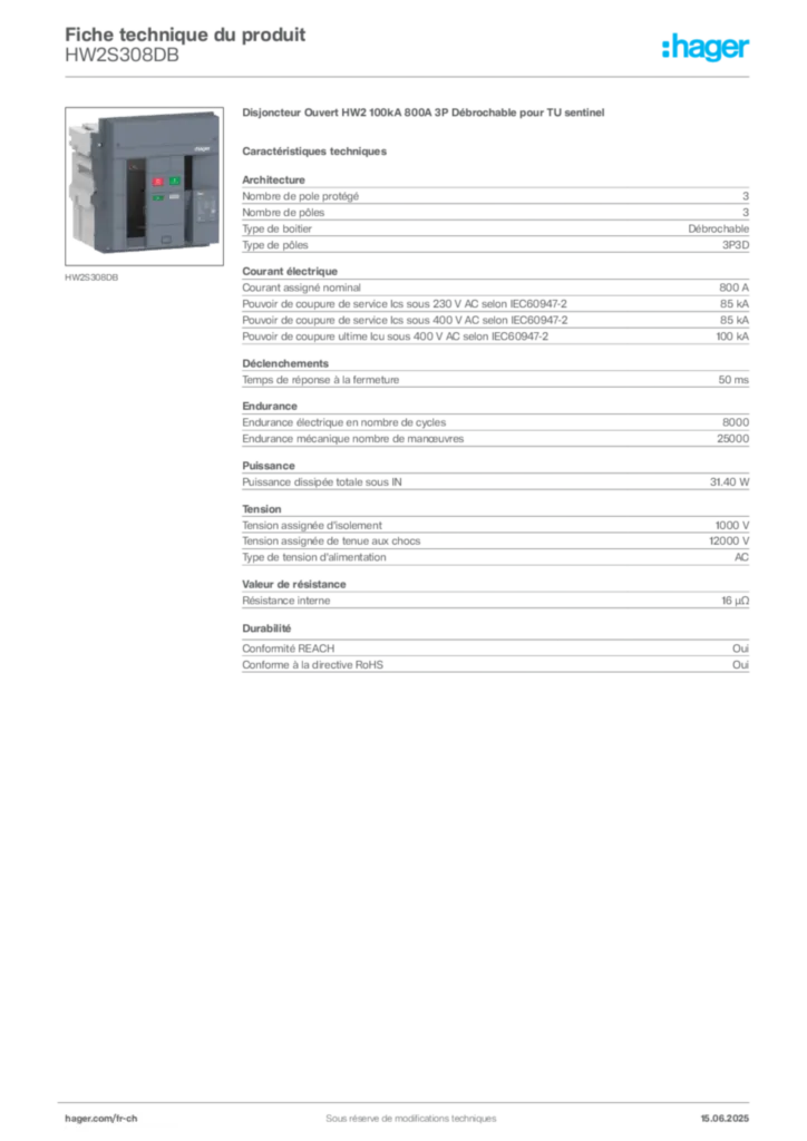 Image Hager Fiche technique du produit HW2S308DB | Hager Suisse