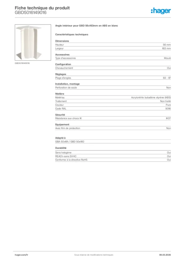 Image Hager Fiche technique du produit GBD5016149016 | Hager France