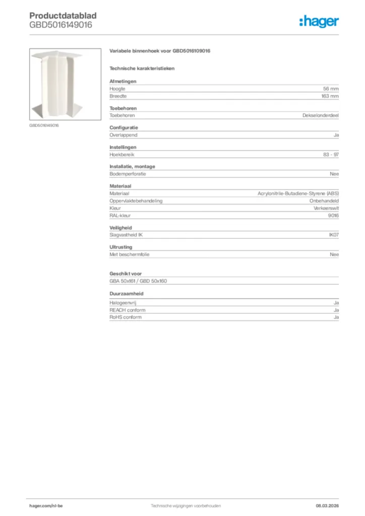Afbeelding Hager Productdatablad GBD5016149016 | Hager Belgium