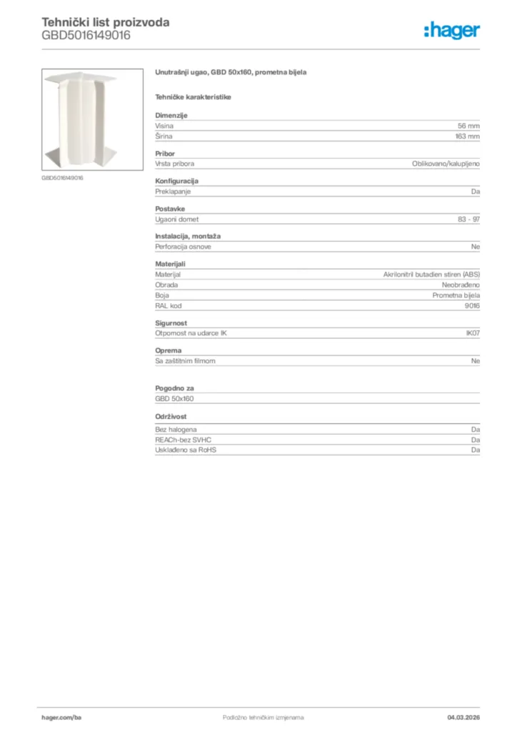 Slika Hager Tehnički list proizvoda GBD5016149016  | Hager