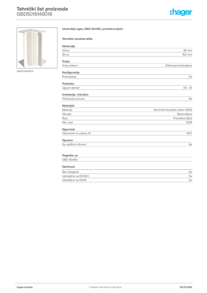 Slika Hager Product data sheet GBD5016149016  | Hager