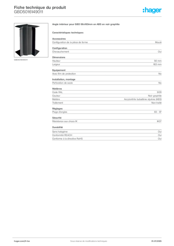 Image Hager Fiche technique du produit GBD5016149011 | Hager Belgique