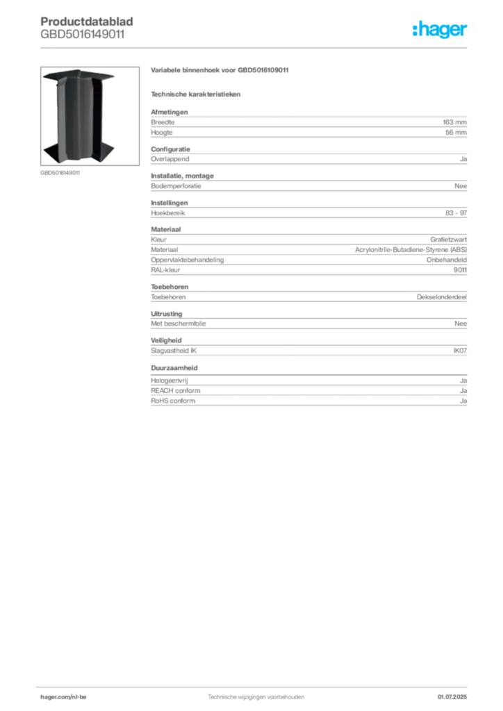 Afbeelding Hager Productdatablad GBD5016149011 | Hager Belgium