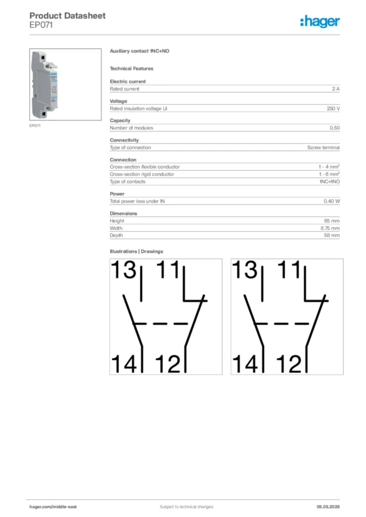 Image Hager Product data sheet EP071  | Hager