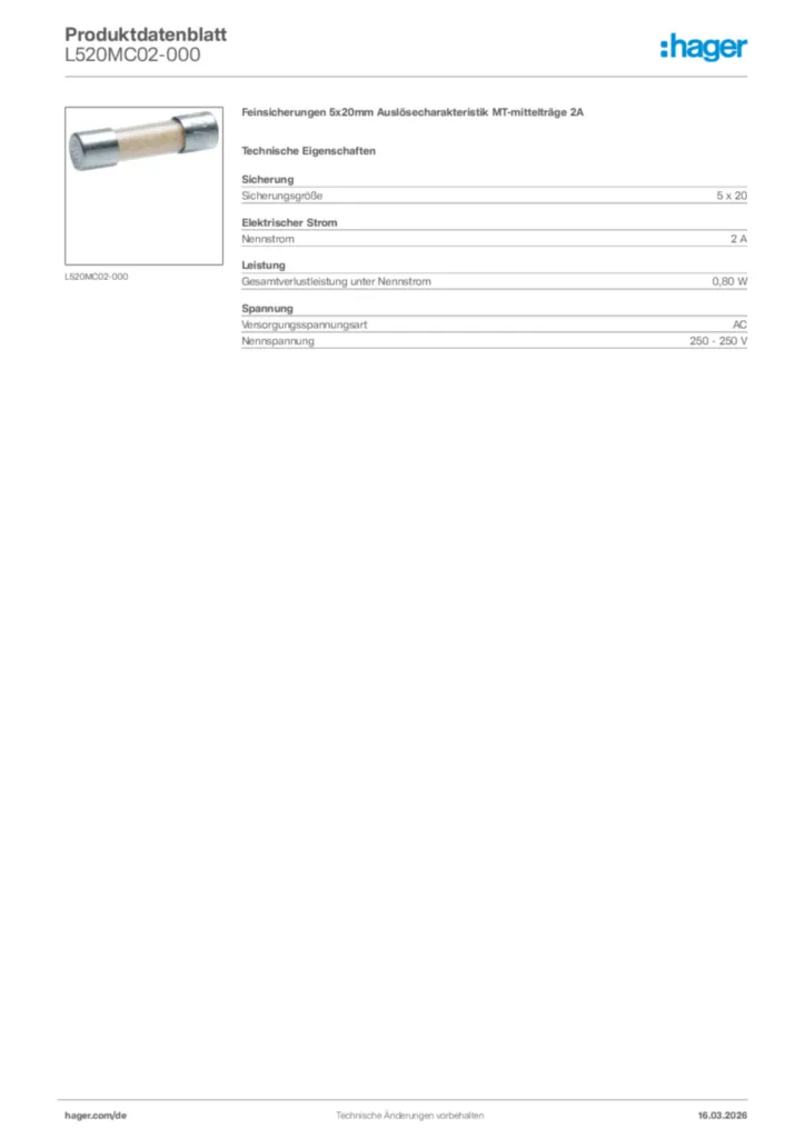 Bild Hager Produktdatenblatt L520MC02-000 | Hager Deutschland