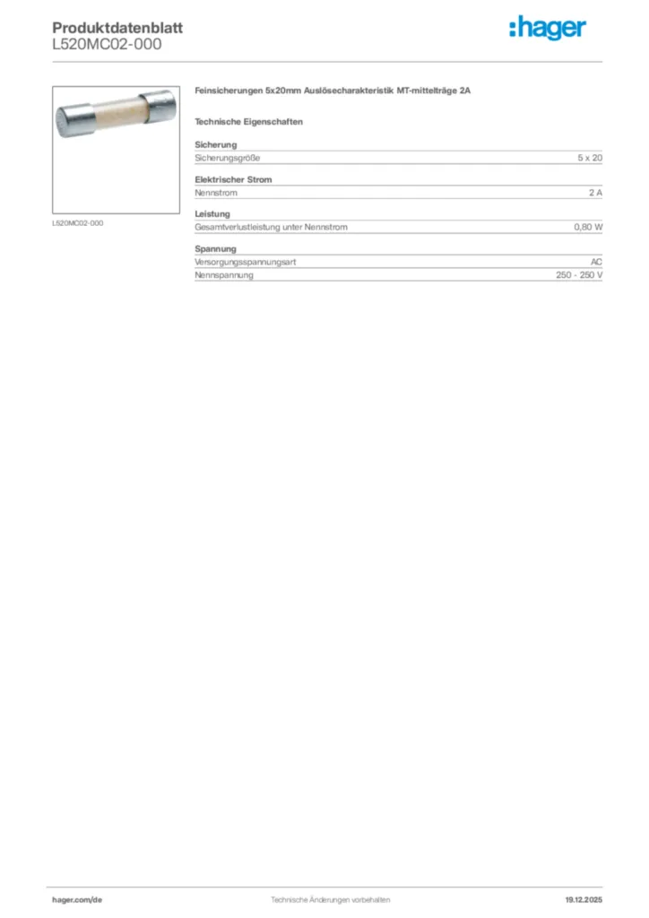 Bild Hager Produktdatenblatt L520MC02-000 | Hager Deutschland