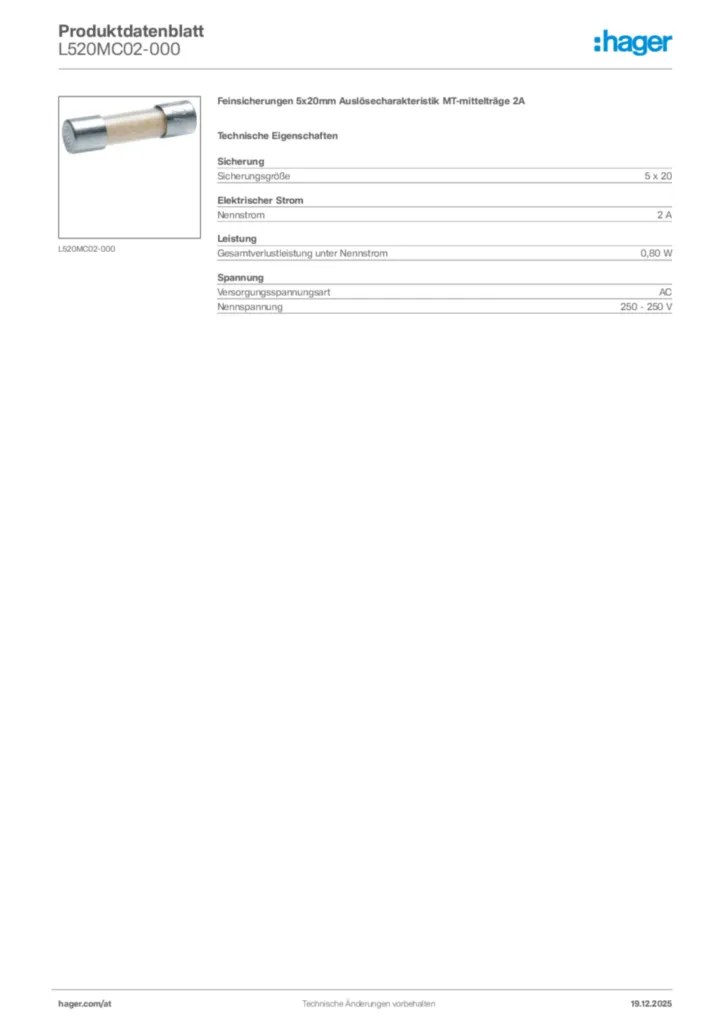 Bild Hager Produktdatenblatt L520MC02-000 | Hager Deutschland