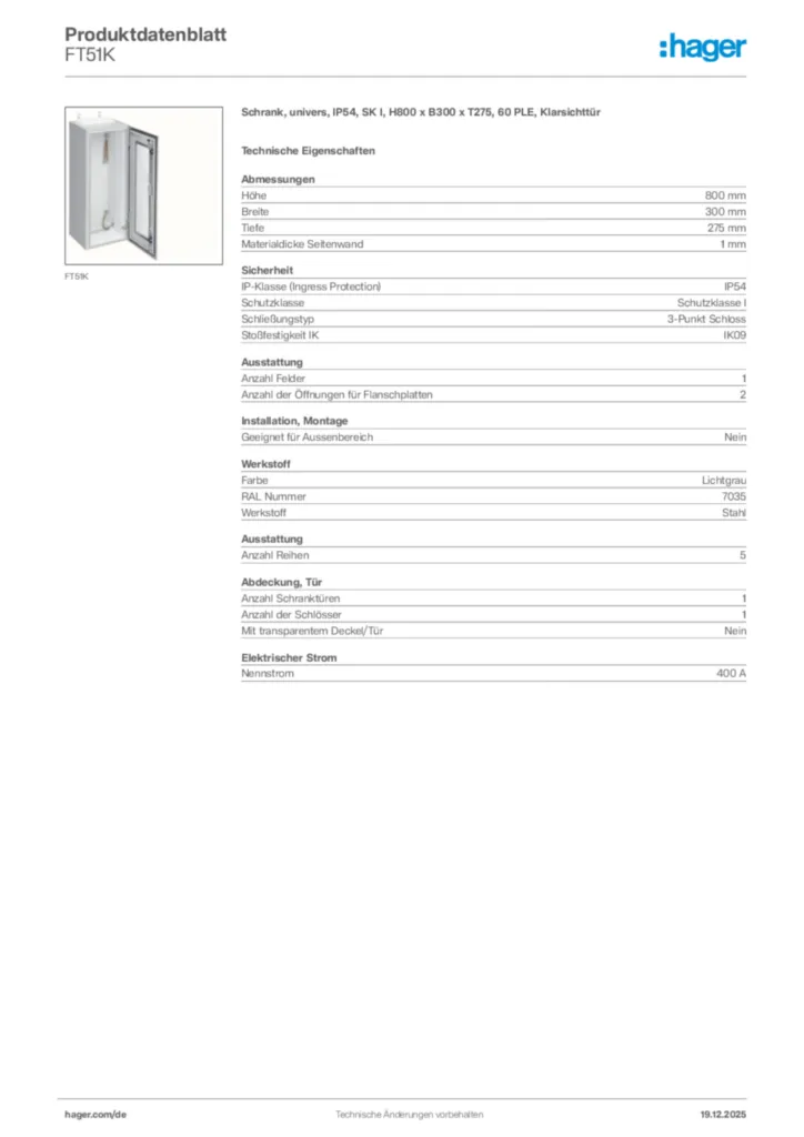 Bild Hager Produktdatenblatt FT51K | Hager Deutschland