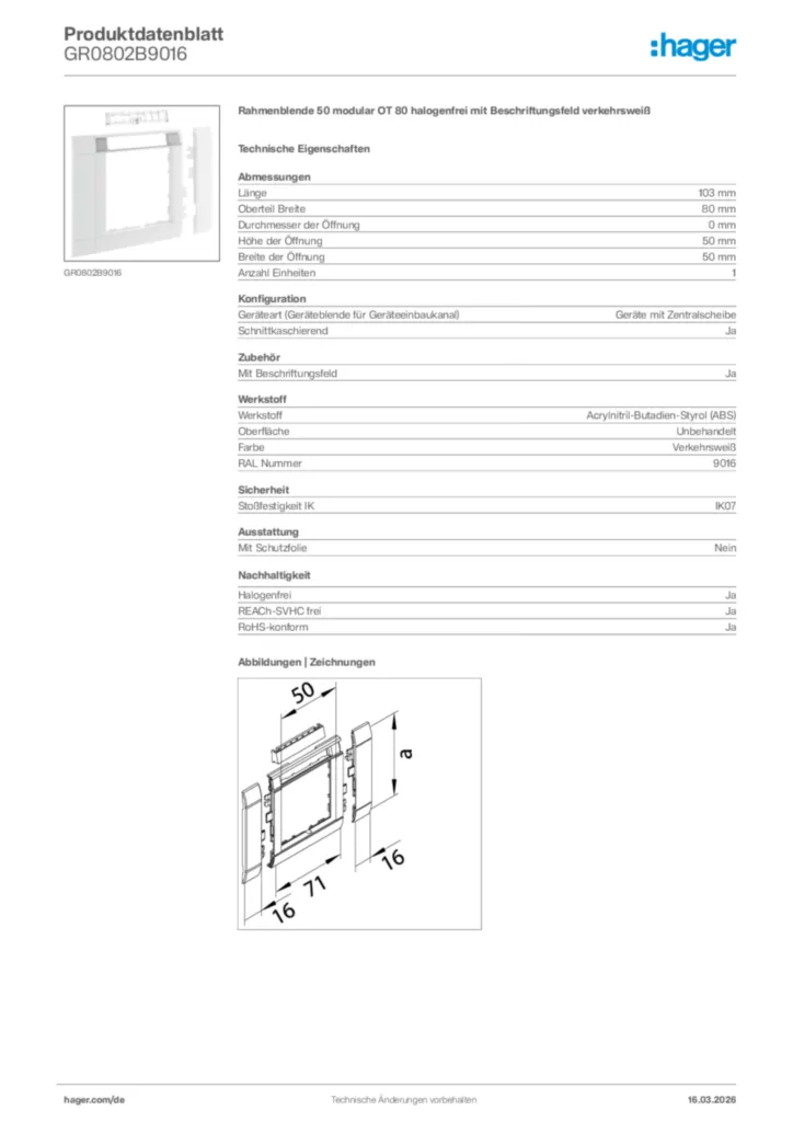Bild Hager Produktdatenblatt GR0802B9016 | Hager Deutschland