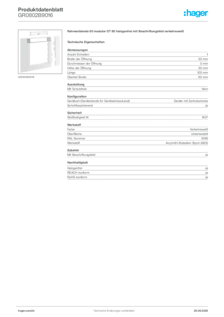 Bild Hager Produktdatenblatt GR0802B9016 | Hager Deutschland