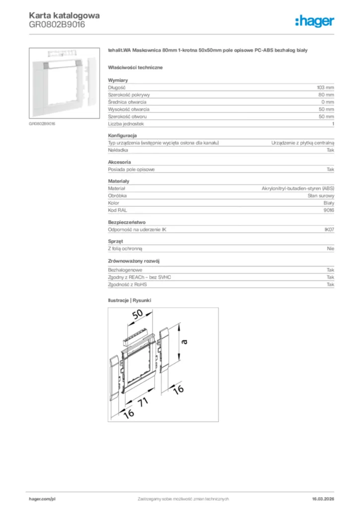 Zdjęcie Hager Karta katalogowa GR0802B9016 | Hager Polska