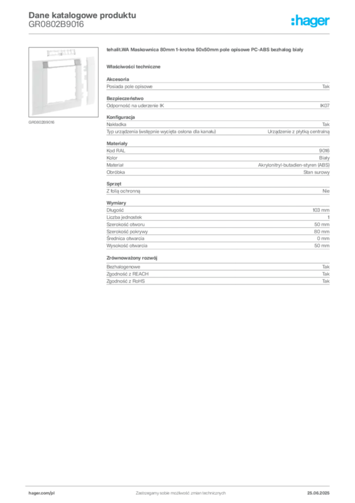 Zdjęcie Hager Karta katalogowa GR0802B9016 | Hager Polska