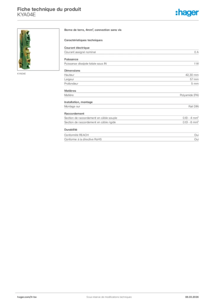 Image Hager Fiche technique du produit KYA04E | Hager Belgique