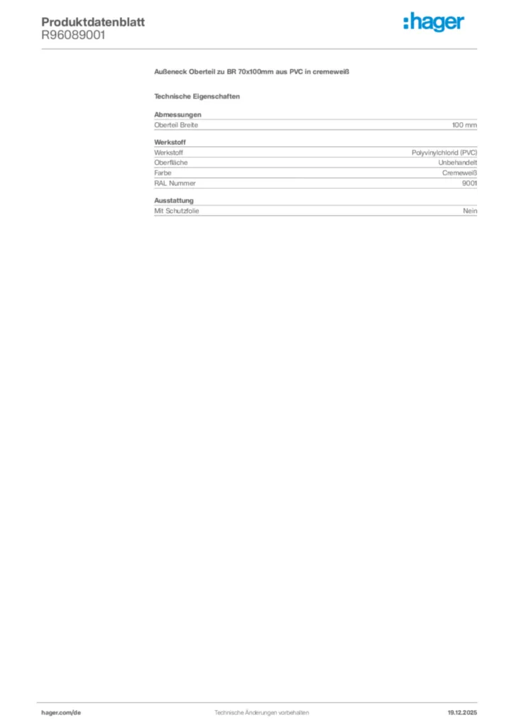 Bild Hager Produktdatenblatt R96089001 | Hager Deutschland