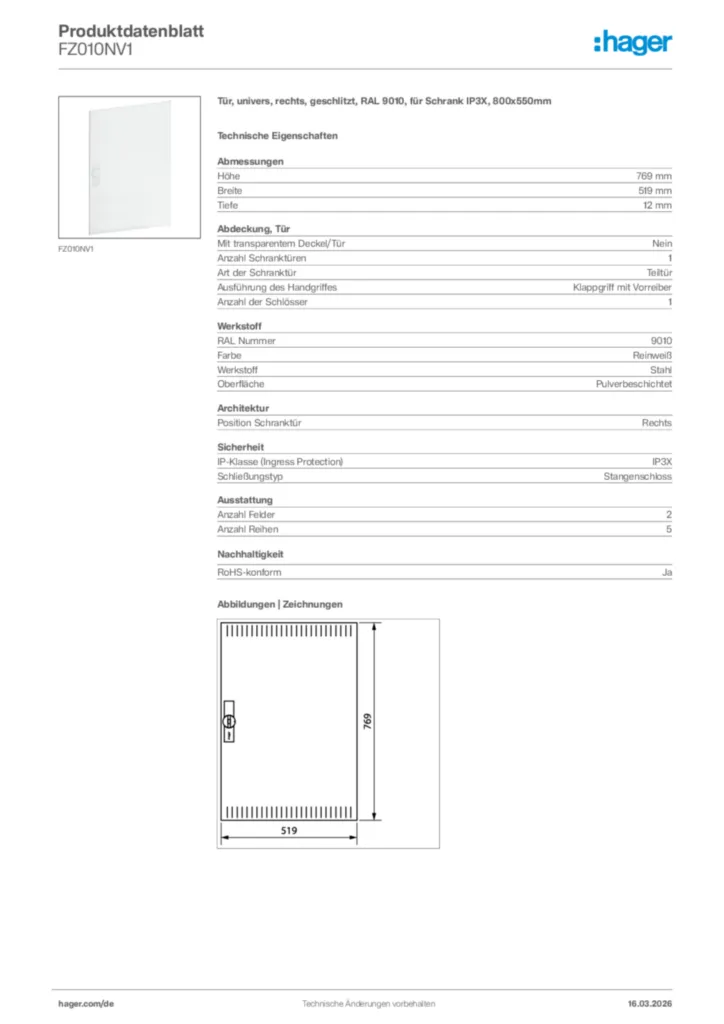 Bild Hager Produktdatenblatt FZ010NV1 | Hager Deutschland