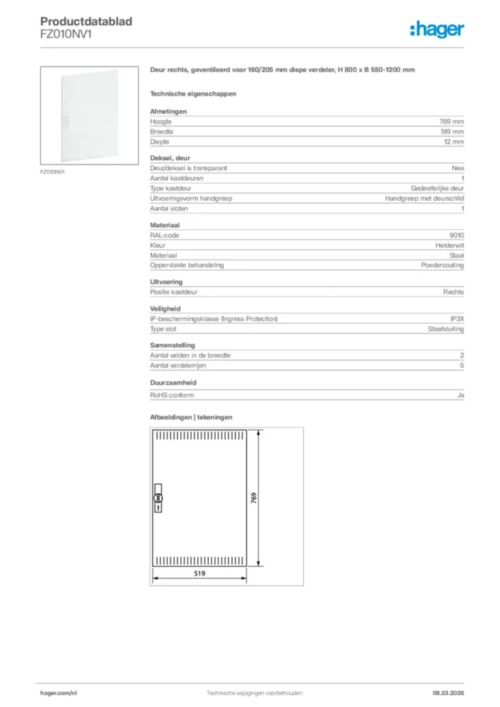 Afbeelding Hager Productdatablad FZ010NV1 | Hager Nederland