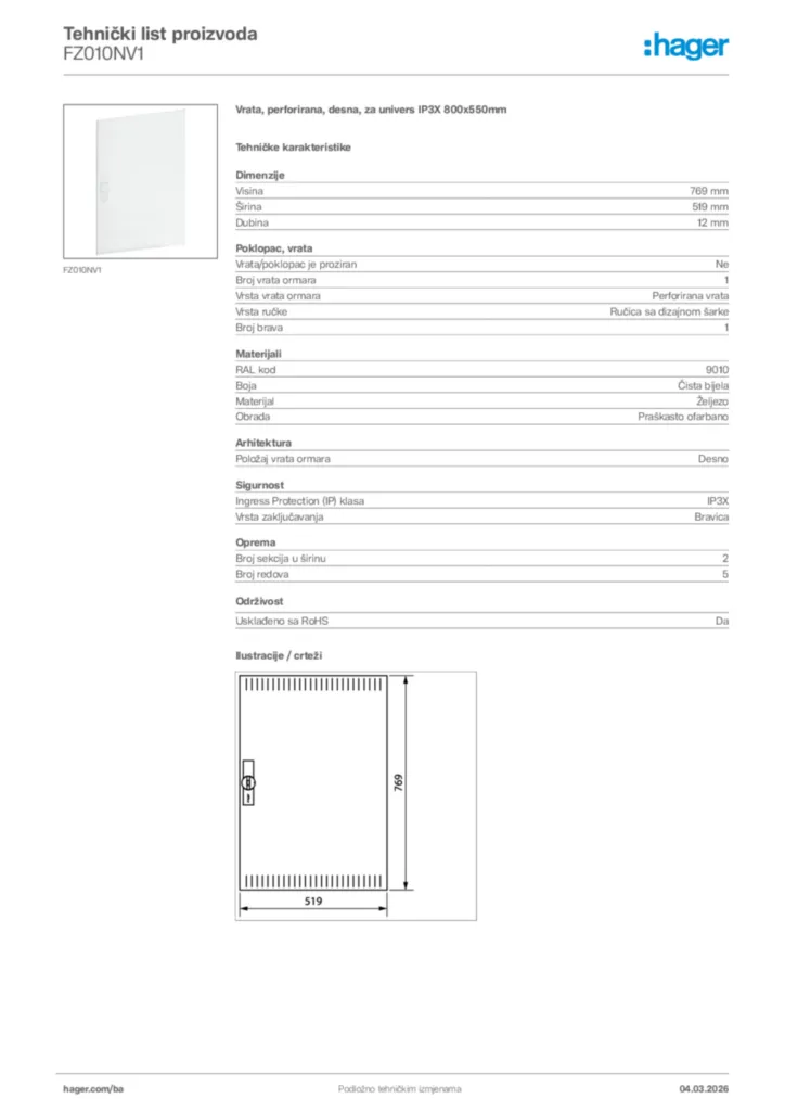 Slika Hager Tehnički list proizvoda FZ010NV1  | Hager
