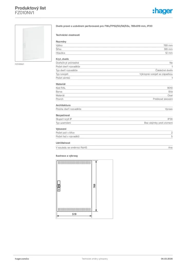 Obrázek Hager Product data sheet FZ010NV1 | Hager